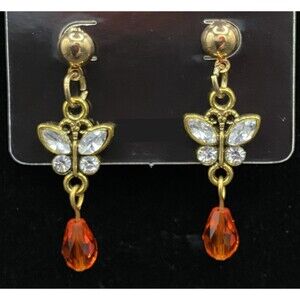 Handmade Butterfly with Clear & Orange Crystal Bead Earrings by Neanie-Bot